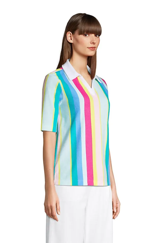 Lands039 End Polo Shirts Women Seriously Terry Upf Elbow Sleeve Polo Shirt Multi Rainbow Stripe Lands039 End Polo Shirts Women Seriously Terry Upf Elbow Sleeve Polo Shirt Multi Rainbow Stripe
