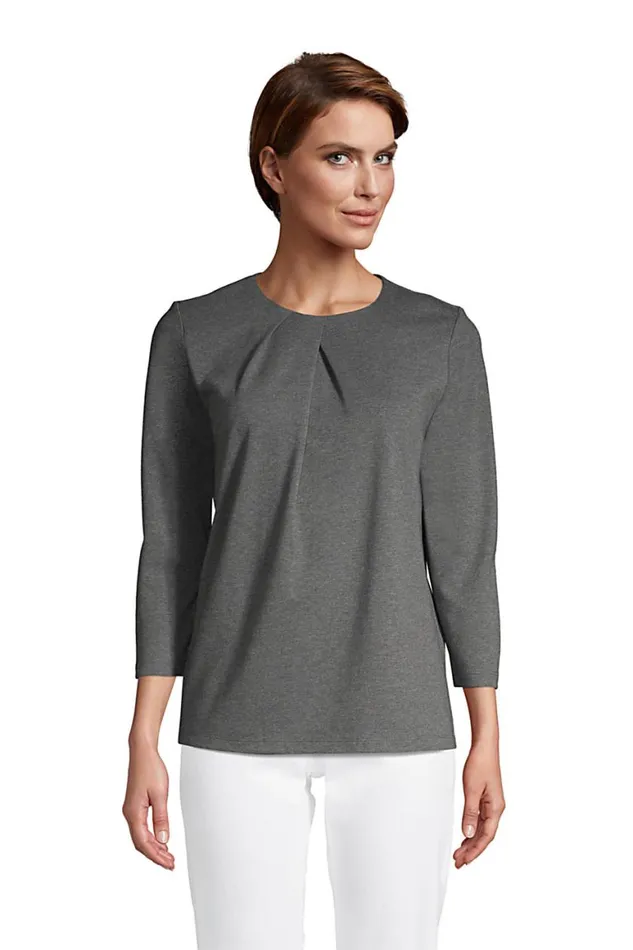 Lands039 End Shirts and Blouses Women Cotton Polyester 34 Sleeve Pleat Neck Top Charcoal Heather Lands039 End Shirts and Blouses Women Cotton Polyester 34 Sleeve Pleat Neck Top Charcoal Heather