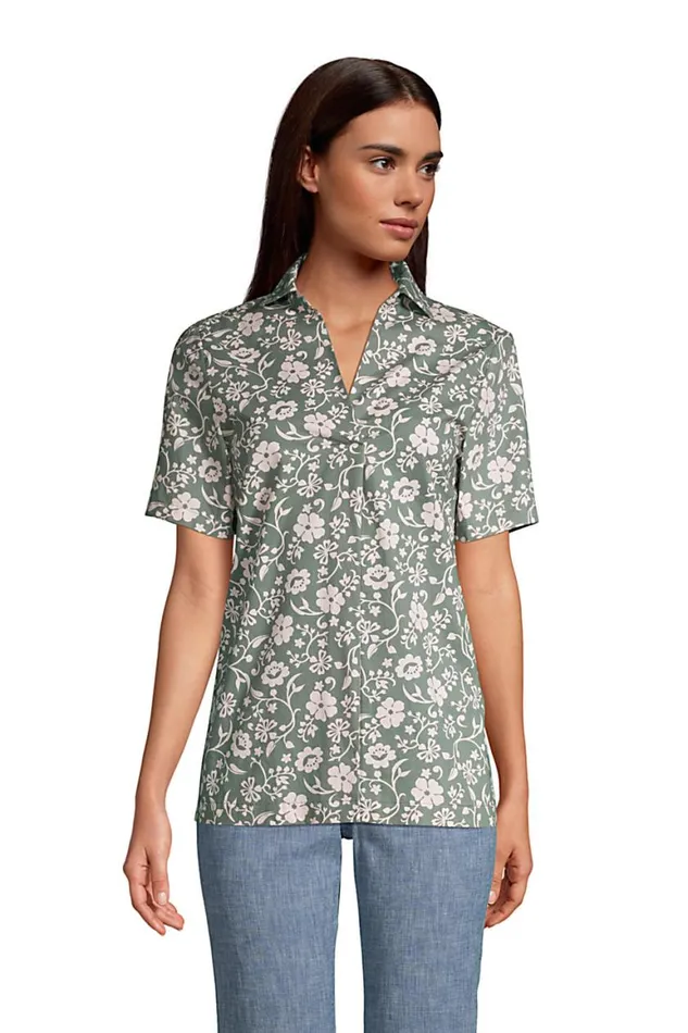Lands039 End Shirts and Blouses Women Cotton Short Sleeve Resort Popover Shirt Washed Olive Green Floral Lands039 End Shirts and Blouses Women Cotton Short Sleeve Resort Popover Shirt Washed Olive Green Floral