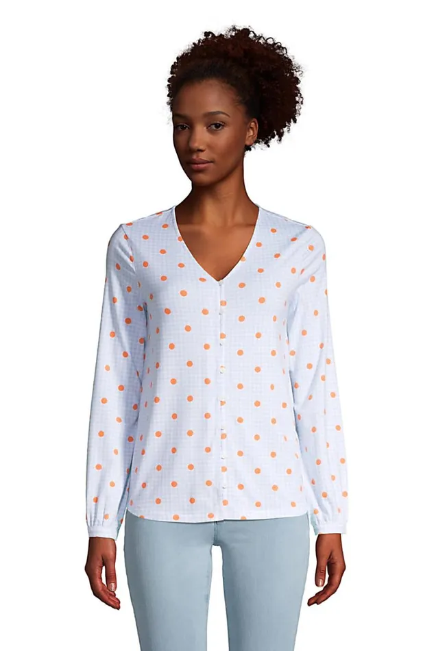 Lands039 End Shirts and Blouses Women Long Sleeve Vneck Button Front Top Light Sky Blue Gingham Dot Lands039 End Shirts and Blouses Women Long Sleeve Vneck Button Front Top Light Sky Blue Gingham Dot