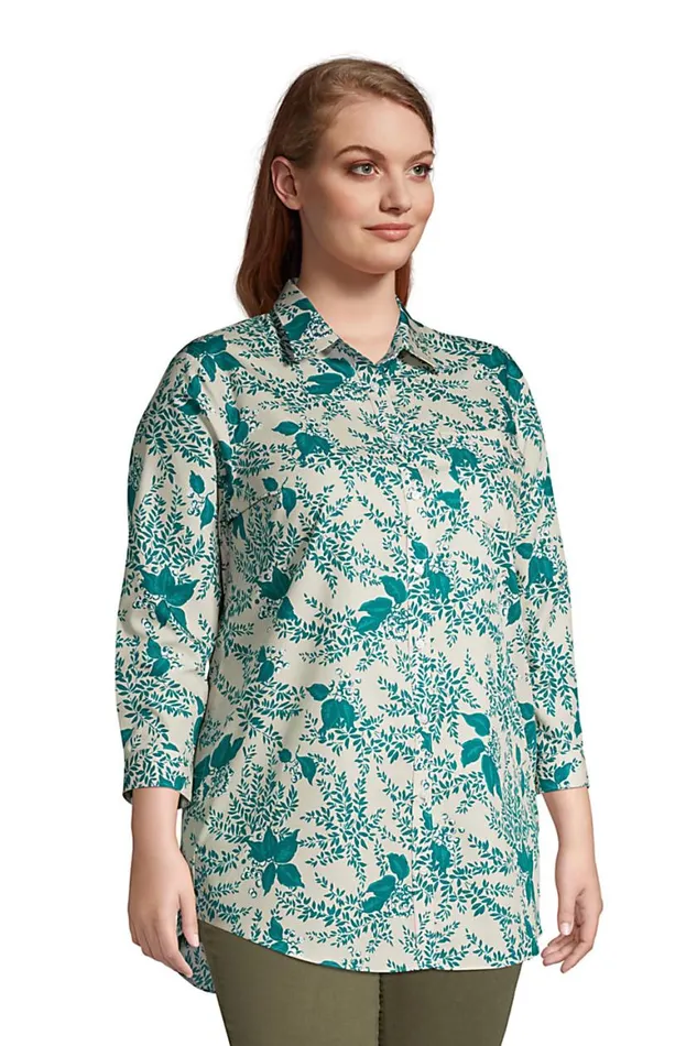 Lands039 End Shirts and Blouses Women Plus Size No Iron 34 Sleeve Tunic Top Stone Beige Floral