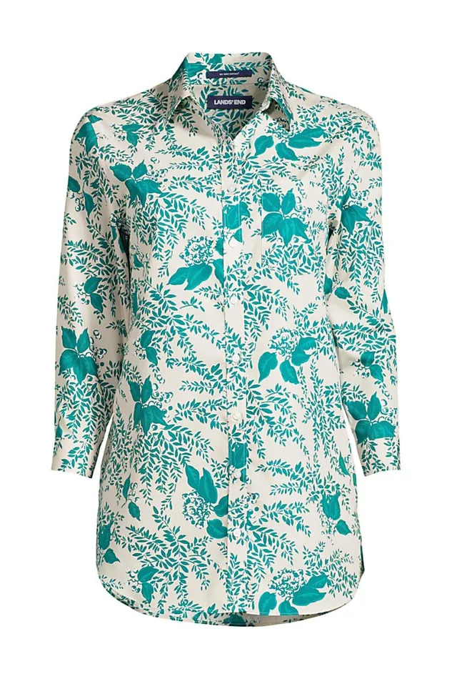 Lands039 End Shirts and Blouses Women Plus Size No Iron 34 Sleeve Tunic Top Stone Beige Floral