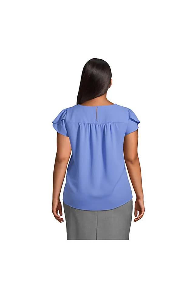 Lands039 End Shirts and Blouses Women Plus Size Short Sleeve Crepe Tulip Sleeve Blouse Harbor Gray