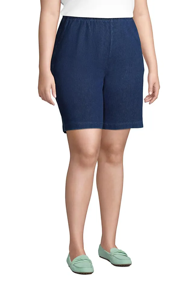 Lands039 End Shorts Women Plus Size High Rise Sport Knit Elastic Waist Denim Jean Shorts Medium Indigo