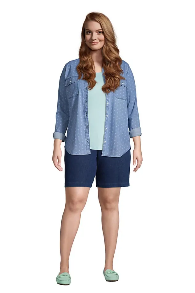 Lands039 End Shorts Women Plus Size High Rise Sport Knit Elastic Waist Denim Jean Shorts Medium Indigo