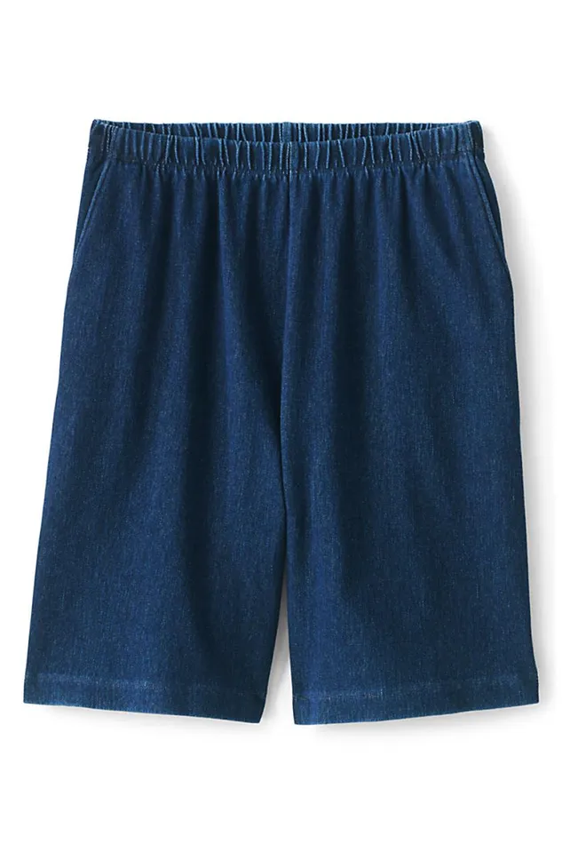 Lands039 End Shorts Women Plus Size High Rise Sport Knit Elastic Waist Denim Jean Shorts Medium Indigo