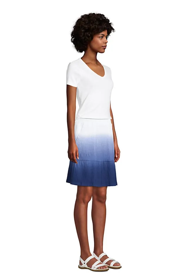 Lands039 End Skirts and Skorts Women High Rise Pull On Elastic Waist Tiered Crinkle Knit Skirt Deep Sea Navy Tropic Palm