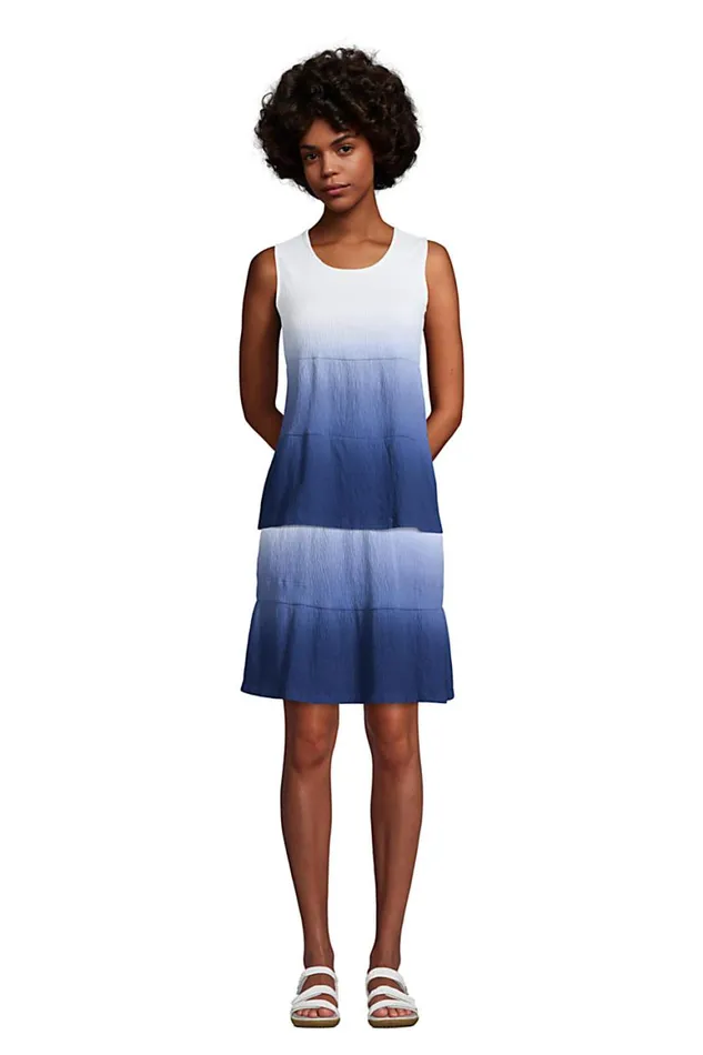 Lands039 End Skirts and Skorts Women High Rise Pull On Elastic Waist Tiered Crinkle Knit Skirt Deep Sea Navy Tropic Palm