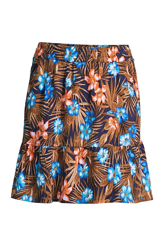 Lands039 End Skirts and Skorts Women High Rise Pull On Elastic Waist Tiered Crinkle Knit Skirt Deep Sea Navy Tropic Palm