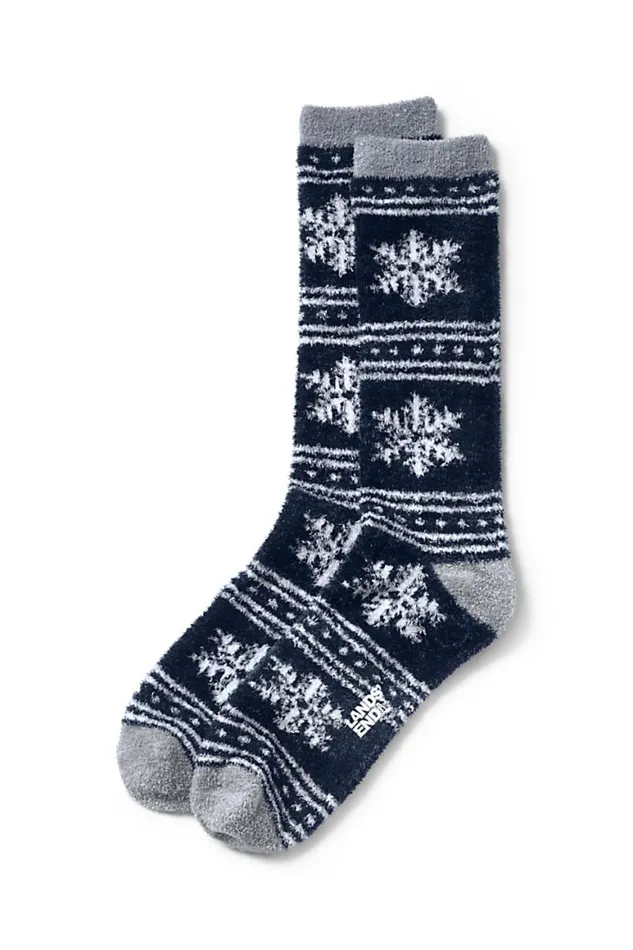 Lands039 End Socks and Hosiery Women Fuzzy Slipper Crew Sock Deep Sea Navy Snowflake