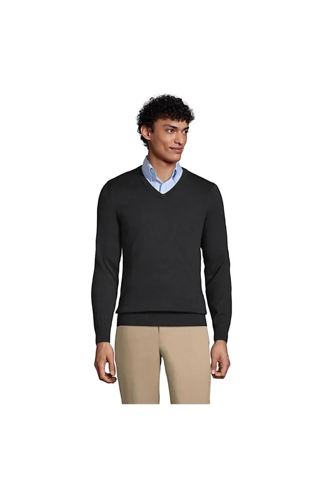Lands039 End Sweaters Men Cotton Modal Fine Gauge Vneck Sweater Black