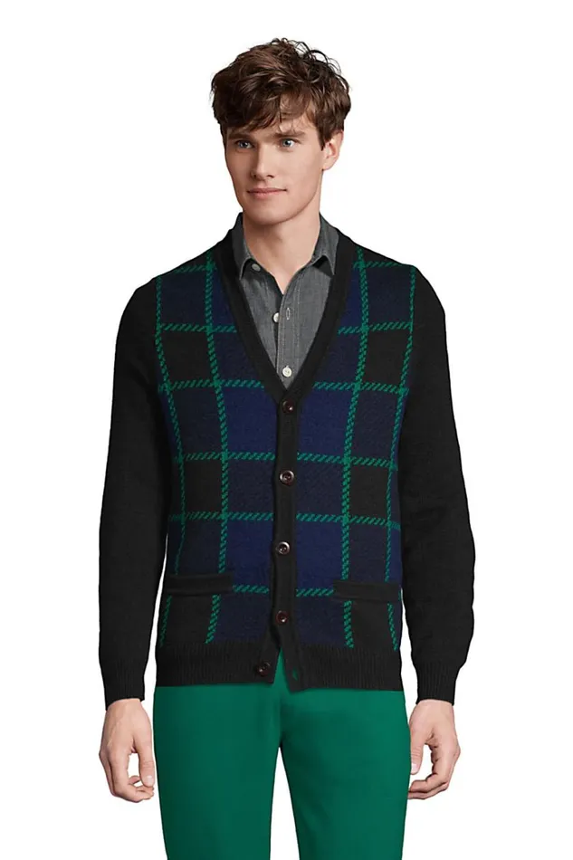 Lands039 End Sweaters Men Lighthouse Plaid Cardigan Sweater Deep Sea Navy