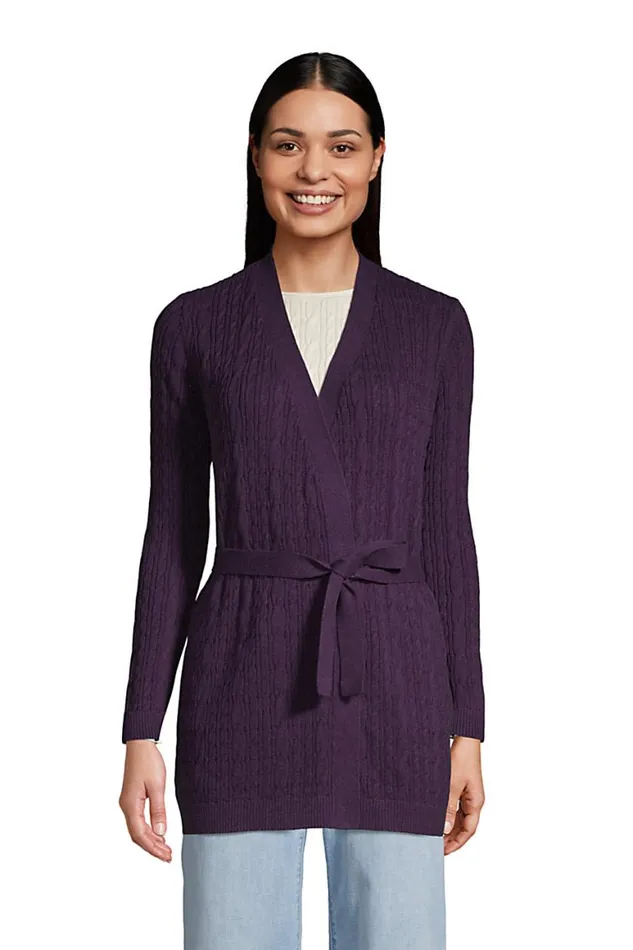 Lands039 End Sweaters Women Fine Gauge Cotton Cable Tie Front Cardigan Sweater Blackberry Shadow Heather Lands039 End Sweaters Women Fine Gauge Cotton Cable Tie Front Cardigan Sweater Blackberry Shadow Heather
