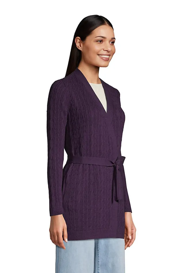 Lands039 End Sweaters Women Fine Gauge Cotton Cable Tie Front Cardigan Sweater Blackberry Shadow Heather Lands039 End Sweaters Women Fine Gauge Cotton Cable Tie Front Cardigan Sweater Blackberry Shadow Heather