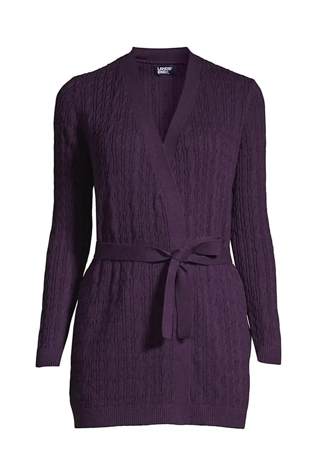 Lands039 End Sweaters Women Fine Gauge Cotton Cable Tie Front Cardigan Sweater Blackberry Shadow Heather Lands039 End Sweaters Women Fine Gauge Cotton Cable Tie Front Cardigan Sweater Blackberry Shadow Heather