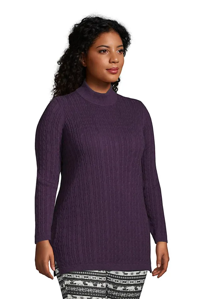 Lands039 End Sweaters Women Plus Size Fine Gauge Cotton Cable Mock Tunic Sweater Blackberry Shadow Heather