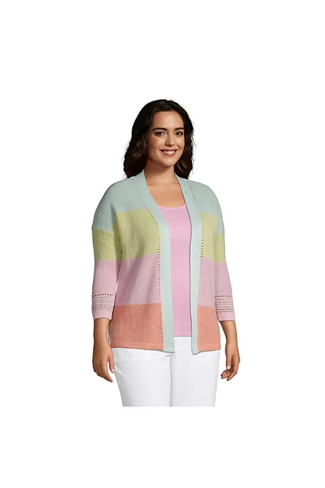 Lands039 End Sweaters Women Plus Size Linen Cotton Shaker Open Cardigan Sweater 8211 Stripe Light Blue Radiance Stripe