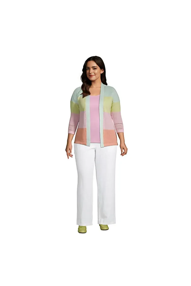 Lands039 End Sweaters Women Plus Size Linen Cotton Shaker Open Cardigan Sweater 8211 Stripe Light Blue Radiance Stripe