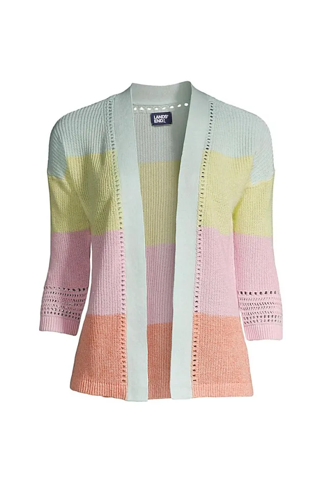 Lands039 End Sweaters Women Plus Size Linen Cotton Shaker Open Cardigan Sweater 8211 Stripe Light Blue Radiance Stripe