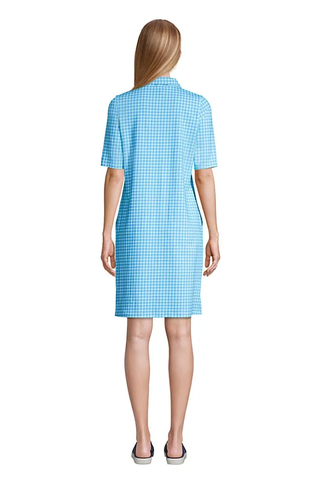 Lands039 End Swimsuits Women Chlorine Resistant Elbow Sleeve Uv Protection Swim Coverup Dress Paradise Aqua Gingham