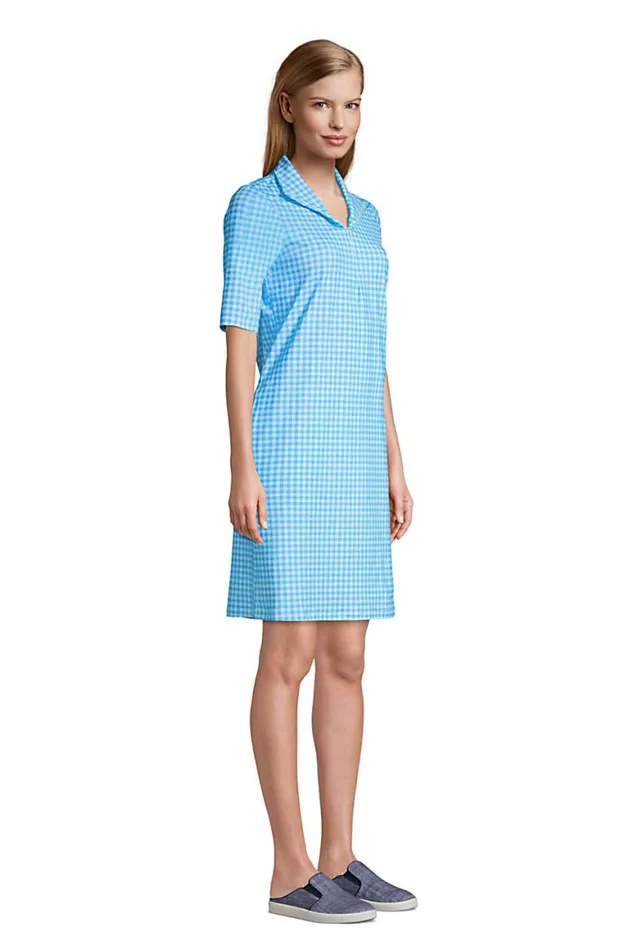 Lands039 End Swimsuits Women Chlorine Resistant Elbow Sleeve Uv Protection Swim Coverup Dress Paradise Aqua Gingham