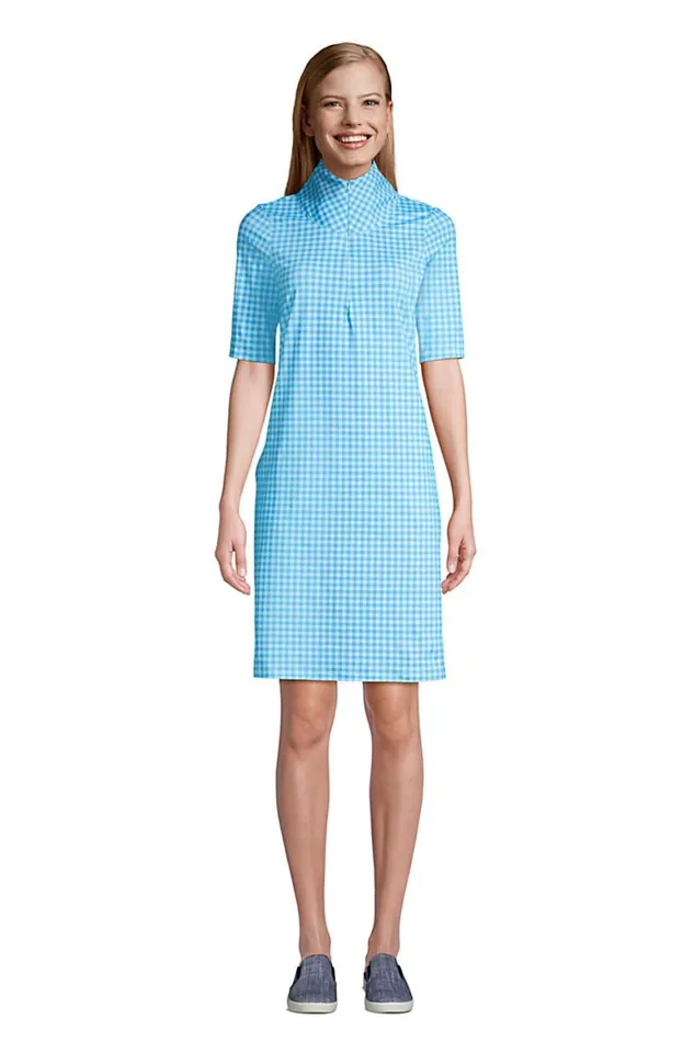 Lands039 End Swimsuits Women Chlorine Resistant Elbow Sleeve Uv Protection Swim Coverup Dress Paradise Aqua Gingham