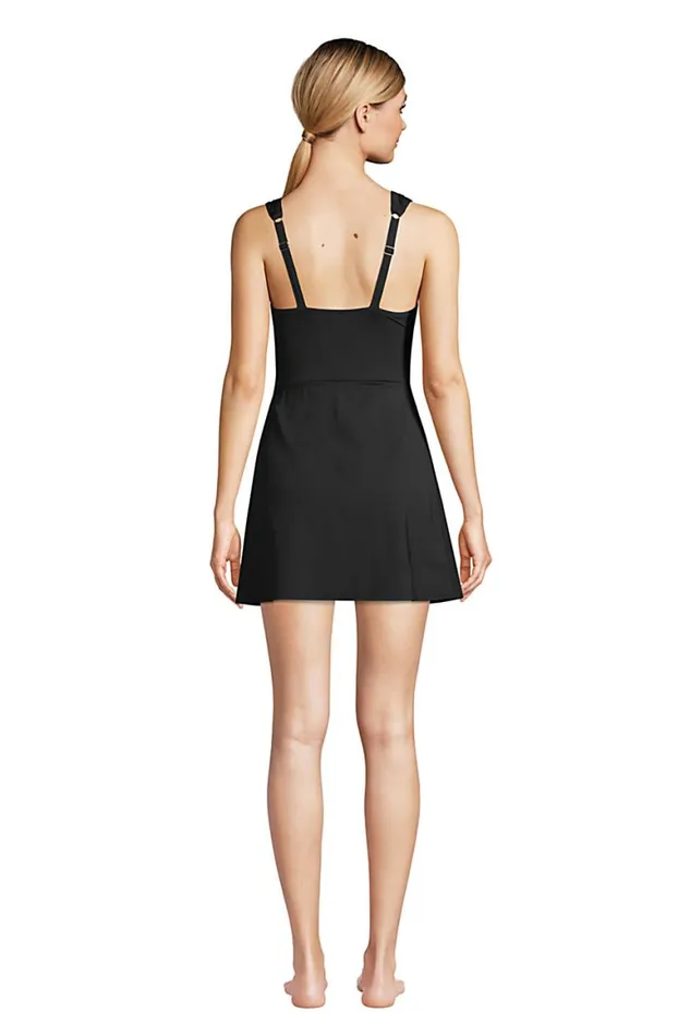 Lands039 End Swimsuits Women Chlorine Resistant Surplice Wrap Swim Dress One Piece Swimsuit Black