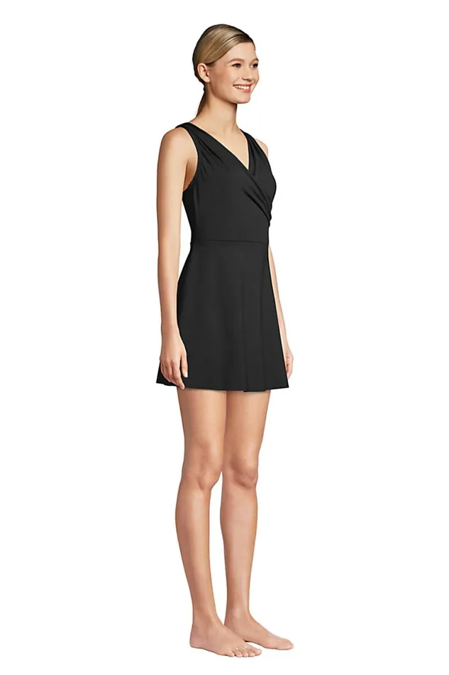 Lands039 End Swimsuits Women Chlorine Resistant Surplice Wrap Swim Dress One Piece Swimsuit Black