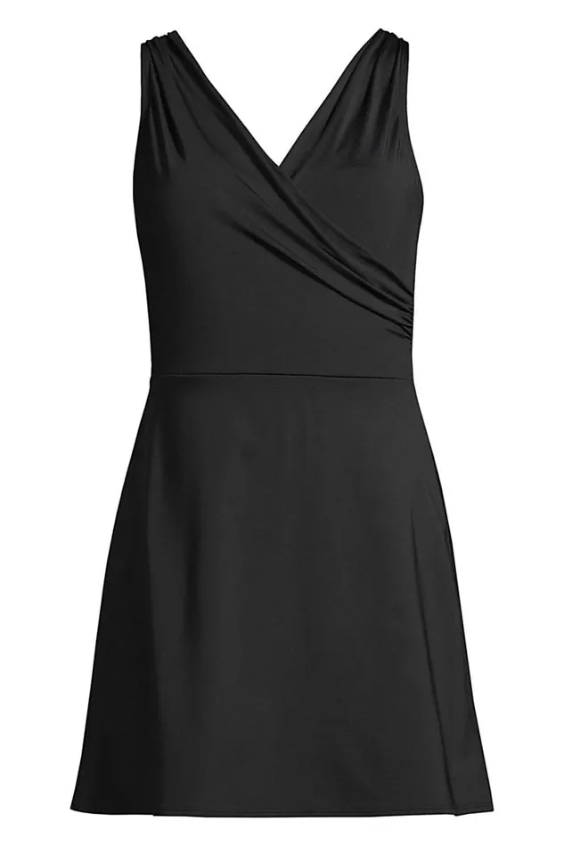 Lands039 End Swimsuits Women Chlorine Resistant Surplice Wrap Swim Dress One Piece Swimsuit Black