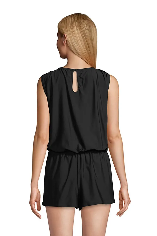 Lands039 End Swimsuits Women Chlorine Resistant Tummy Control High Neck Romper One Piece Swimsuit Black