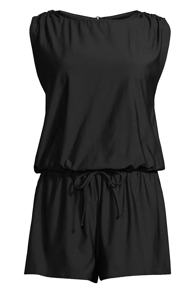 Lands039 End Swimsuits Women Chlorine Resistant Tummy Control High Neck Romper One Piece Swimsuit Black