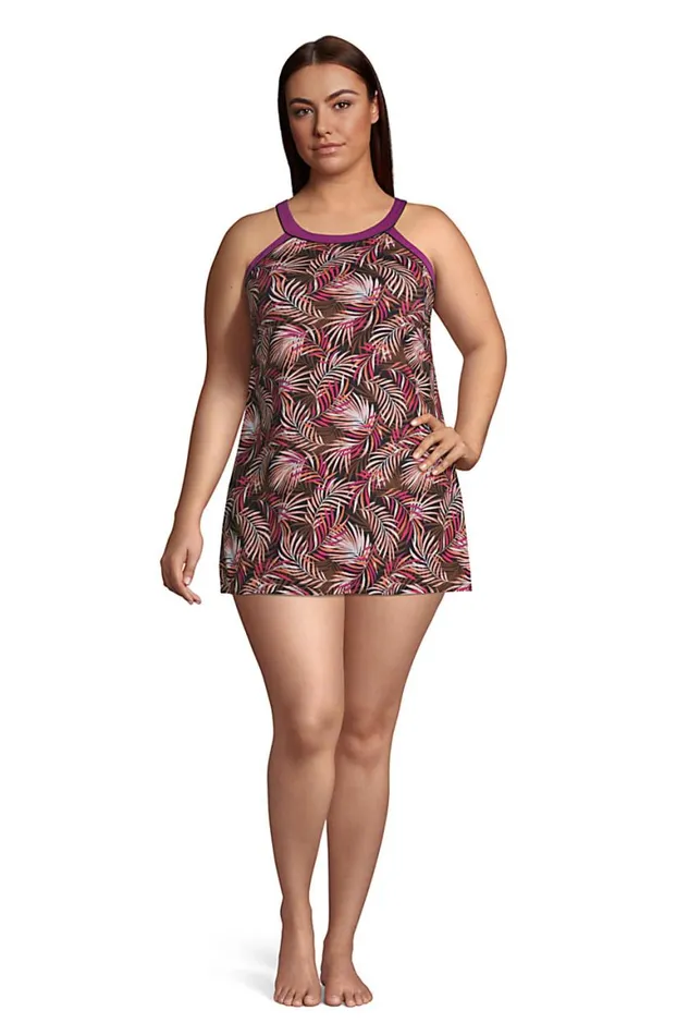 Lands039 End Swimsuits Women Plus Size Chlorine Resistant High Neck Swim Dress One Piece Swimsuit Adjustable Straps Black Multi Palm Lands039 End Swimsuits Women Plus Size Chlorine Resistant High Neck Swim Dress One Piece Swimsuit Adjustable Straps Black Multi Palm