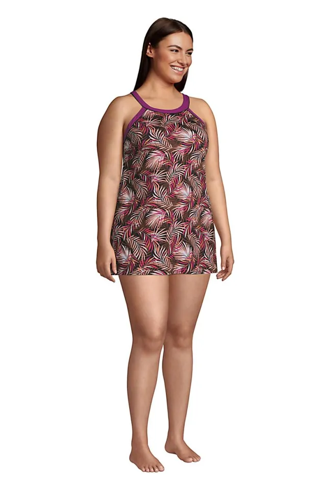 Lands039 End Swimsuits Women Plus Size Chlorine Resistant High Neck Swim Dress One Piece Swimsuit Adjustable Straps Black Multi Palm Lands039 End Swimsuits Women Plus Size Chlorine Resistant High Neck Swim Dress One Piece Swimsuit Adjustable Straps Black Multi Palm