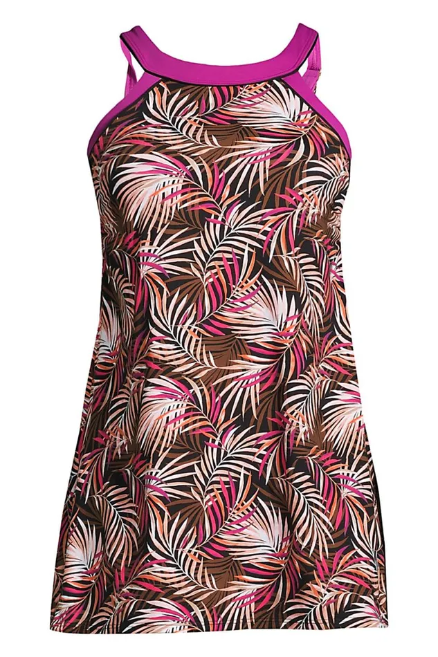 Lands039 End Swimsuits Women Plus Size Chlorine Resistant High Neck Swim Dress One Piece Swimsuit Adjustable Straps Black Multi Palm Lands039 End Swimsuits Women Plus Size Chlorine Resistant High Neck Swim Dress One Piece Swimsuit Adjustable Straps Black Multi Palm