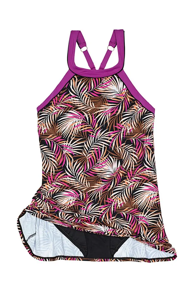 Lands039 End Swimsuits Women Plus Size Chlorine Resistant High Neck Swim Dress One Piece Swimsuit Adjustable Straps Black Multi Palm Lands039 End Swimsuits Women Plus Size Chlorine Resistant High Neck Swim Dress One Piece Swimsuit Adjustable Straps Black Multi Palm