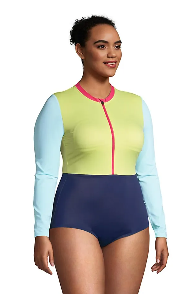 Lands039 End Swimsuits Women Plus Size Chlorine Resistant Zip Front Long Sleeve Tugless Sporty One Piece Swimsuit Deep Sea Navy