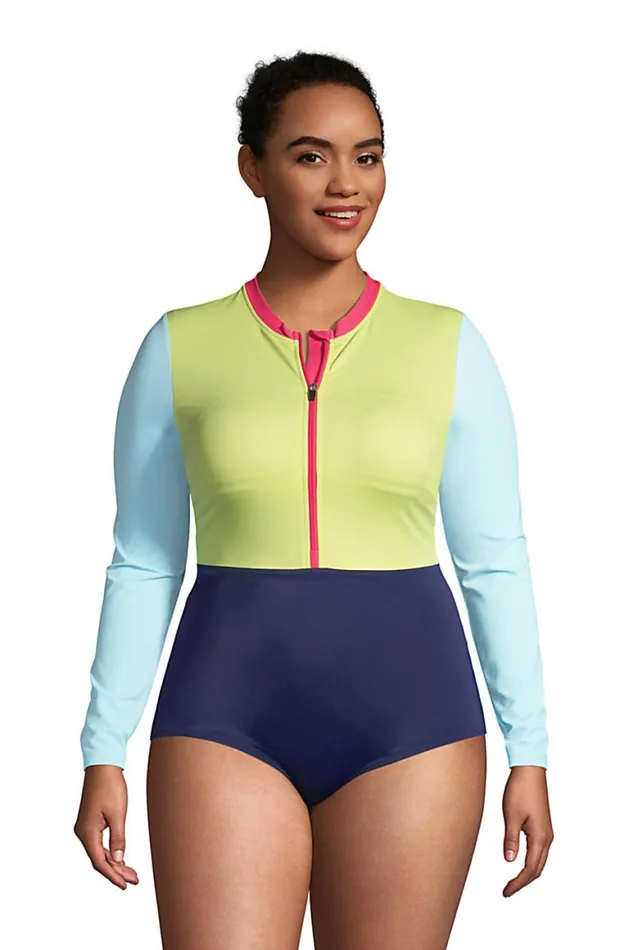 Lands039 End Swimsuits Women Plus Size Chlorine Resistant Zip Front Long Sleeve Tugless Sporty One Piece Swimsuit Deep Sea Navy