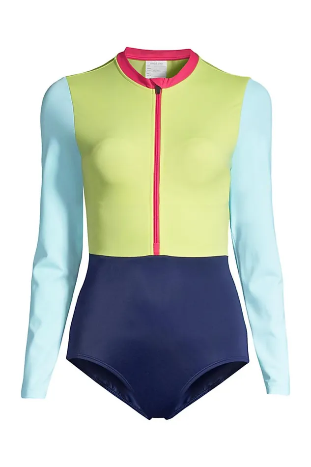 Lands039 End Swimsuits Women Plus Size Chlorine Resistant Zip Front Long Sleeve Tugless Sporty One Piece Swimsuit Deep Sea Navy