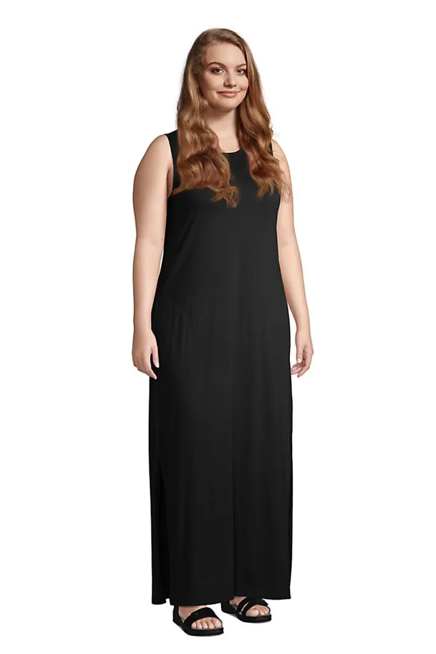 Lands039 End Swimsuits Women Plus Size Cotton Jersey Sleeveless Swim Coverup Maxi Dress Black