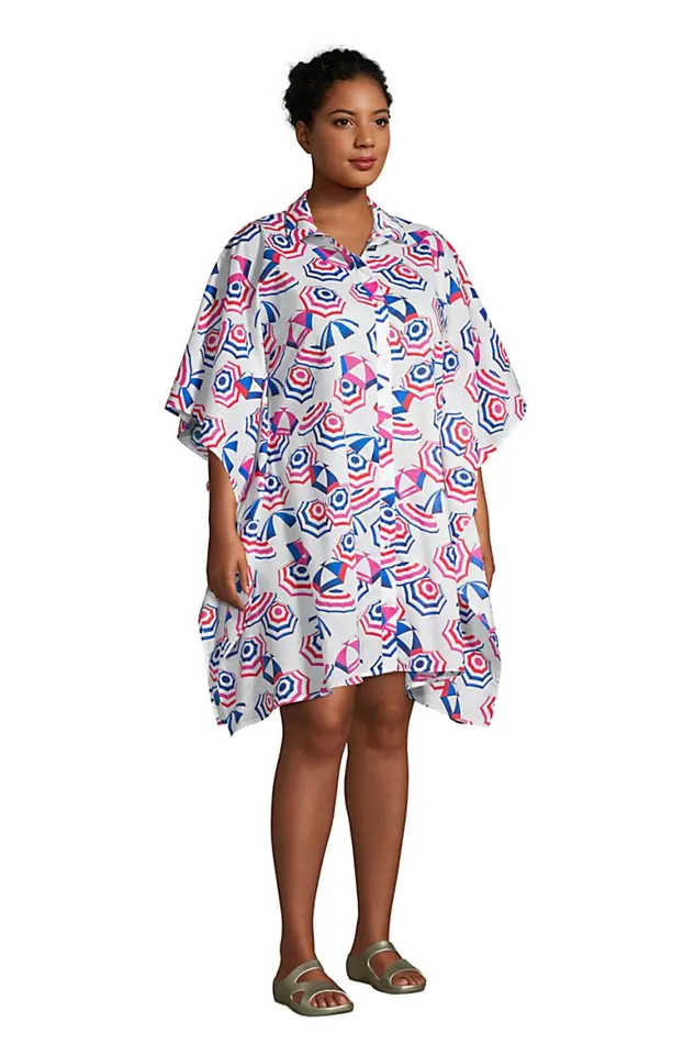 Lands039 End Swimsuits Women Plus Size Cotton Poplin Button Down Kaftan Shirt Dress Swim Coverup White Beach Umbrella