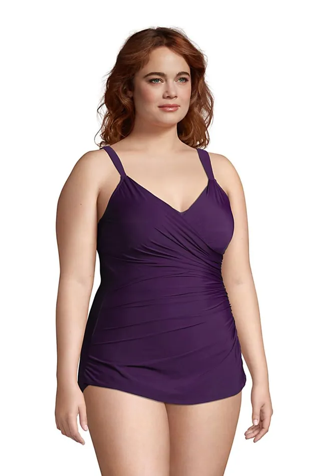 Lands039 End Swimsuits Women Plus Size Slender Vneck Tummy Control Chlorine Resistant Skirted One Piece Swimsuit Blackberry