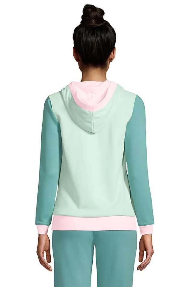 Lands039 End Tops and Tees Women Long Sleeve Serious Sweats Button Hoodie Soft Sea Green Colorblock