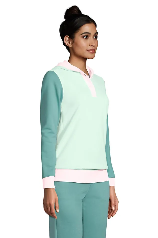 Lands039 End Tops and Tees Women Long Sleeve Serious Sweats Button Hoodie Soft Sea Green Colorblock
