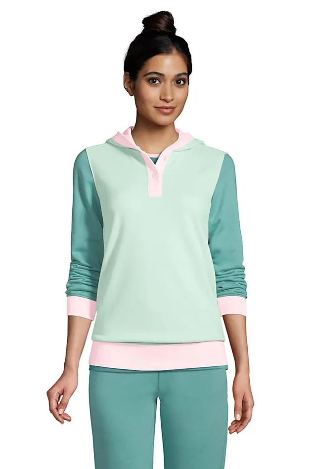 Lands039 End Tops and Tees Women Long Sleeve Serious Sweats Button Hoodie Soft Sea Green Colorblock