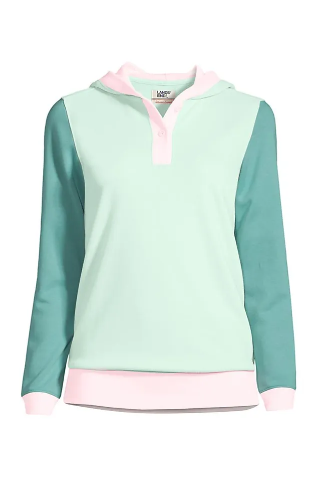 Lands039 End Tops and Tees Women Long Sleeve Serious Sweats Button Hoodie Soft Sea Green Colorblock