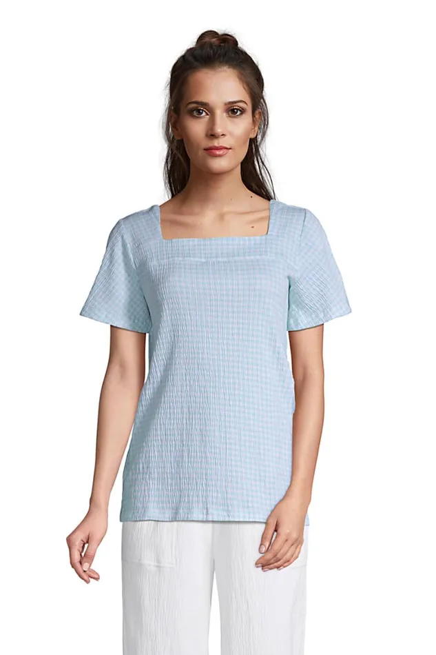 Lands039 End Tops and Tees Women Short Sleeve Square Neck Crinkle Knit Tunic Light Blue Radiance Check Lands039 End Tops and Tees Women Short Sleeve Square Neck Crinkle Knit Tunic Light Blue Radiance Check