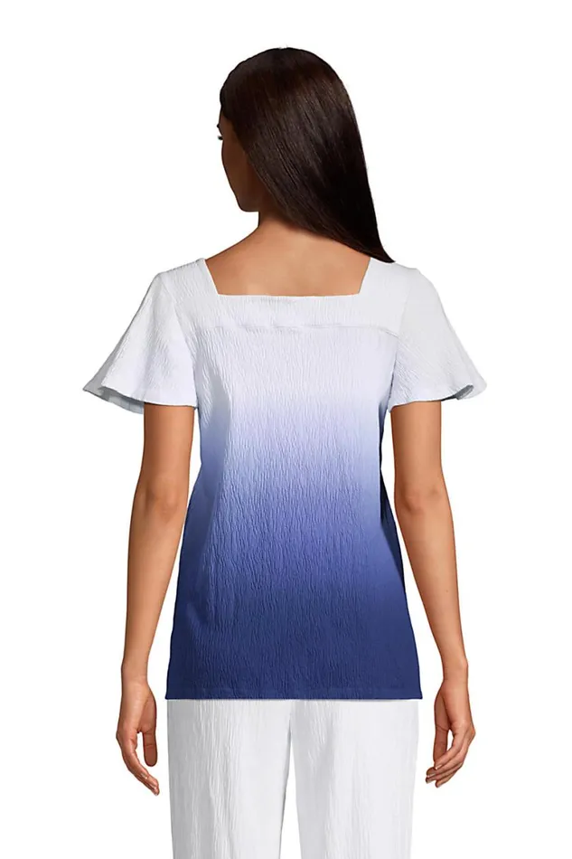 Lands039 End Tops and Tees Women Short Sleeve Square Neck Crinkle Knit Tunic Light Blue Radiance Check Lands039 End Tops and Tees Women Short Sleeve Square Neck Crinkle Knit Tunic Light Blue Radiance Check