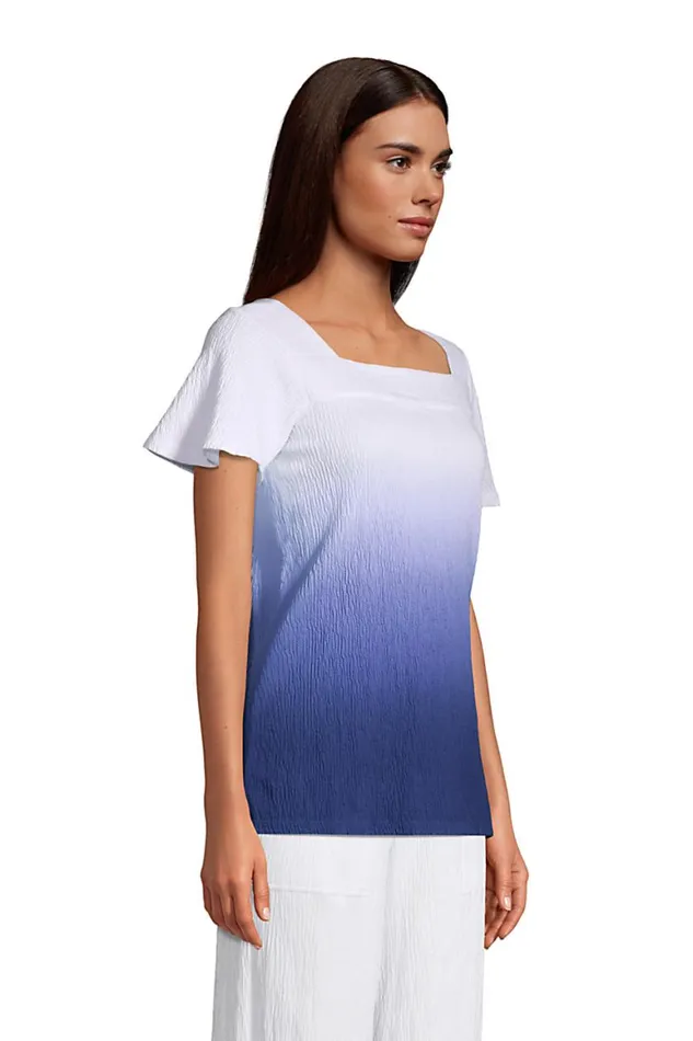 Lands039 End Tops and Tees Women Short Sleeve Square Neck Crinkle Knit Tunic Light Blue Radiance Check Lands039 End Tops and Tees Women Short Sleeve Square Neck Crinkle Knit Tunic Light Blue Radiance Check
