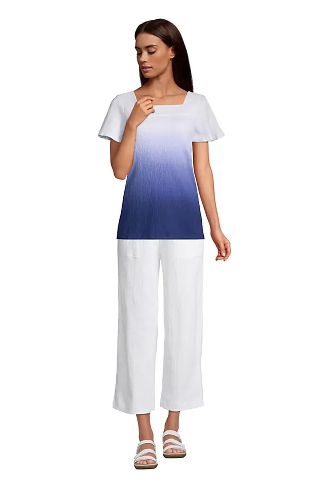 Lands039 End Tops and Tees Women Short Sleeve Square Neck Crinkle Knit Tunic Light Blue Radiance Check Lands039 End Tops and Tees Women Short Sleeve Square Neck Crinkle Knit Tunic Light Blue Radiance Check
