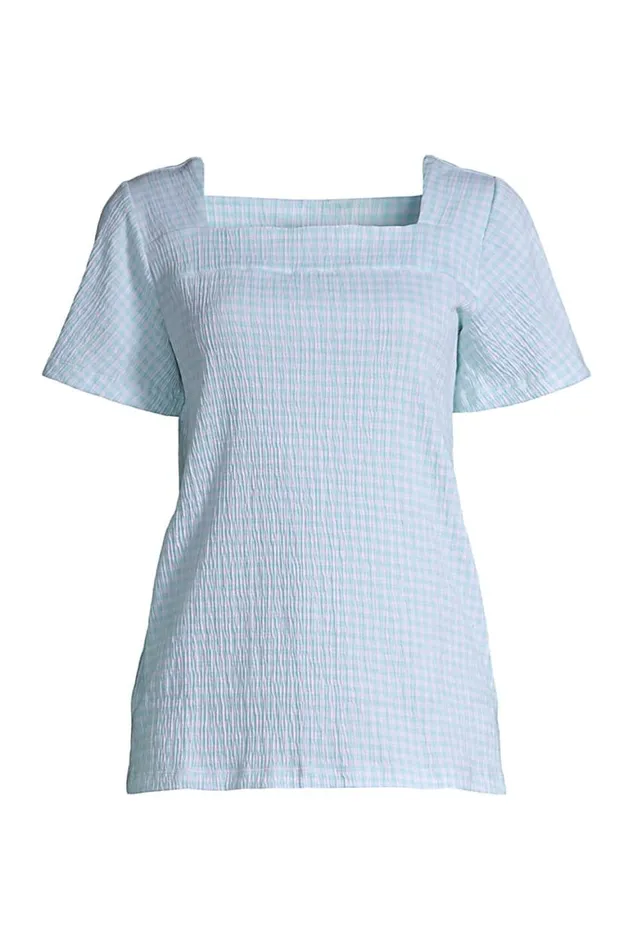 Lands039 End Tops and Tees Women Short Sleeve Square Neck Crinkle Knit Tunic Light Blue Radiance Check Lands039 End Tops and Tees Women Short Sleeve Square Neck Crinkle Knit Tunic Light Blue Radiance Check